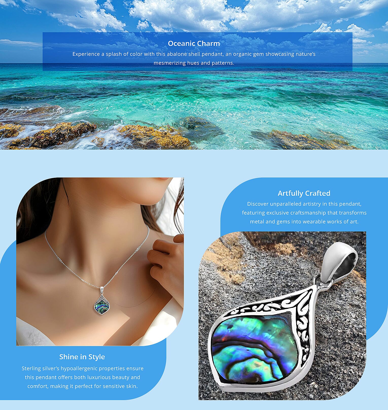 Abalone Shell Pendant in Sterling Silver, Fashion Silver Jewelry Banner