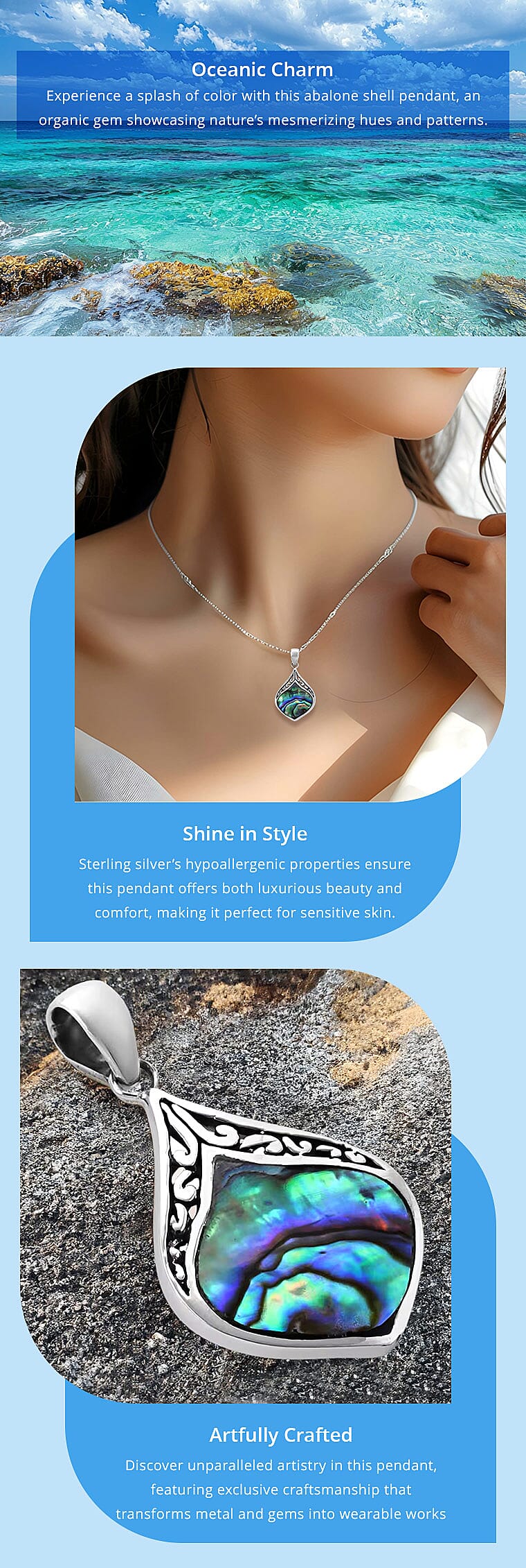 Abalone Shell Pendant in Sterling Silver, Fashion Silver Jewelry Banner