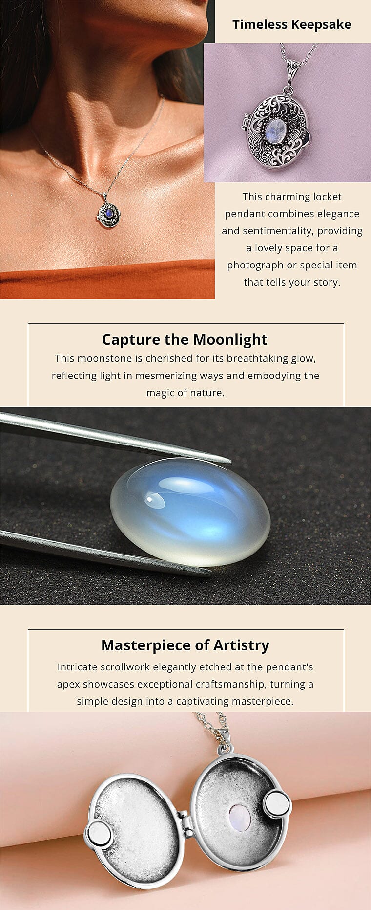 Sri Lankan Silver Moonstone Locket Pendant Necklace in Black Oxidized Stainless Steel Banner