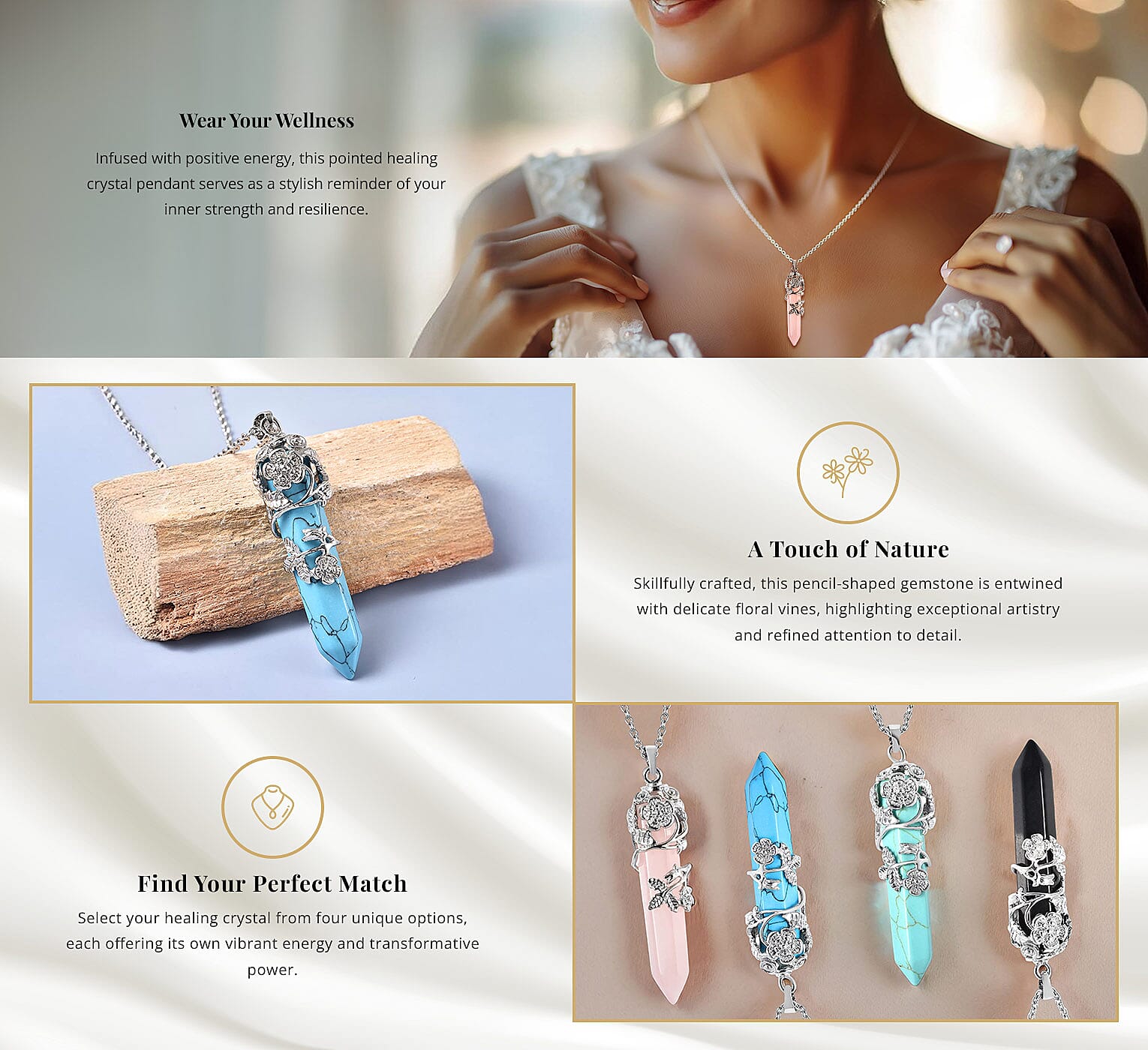 Pointer Healing Crystal Pendant Necklace in Stainless Steel Banner