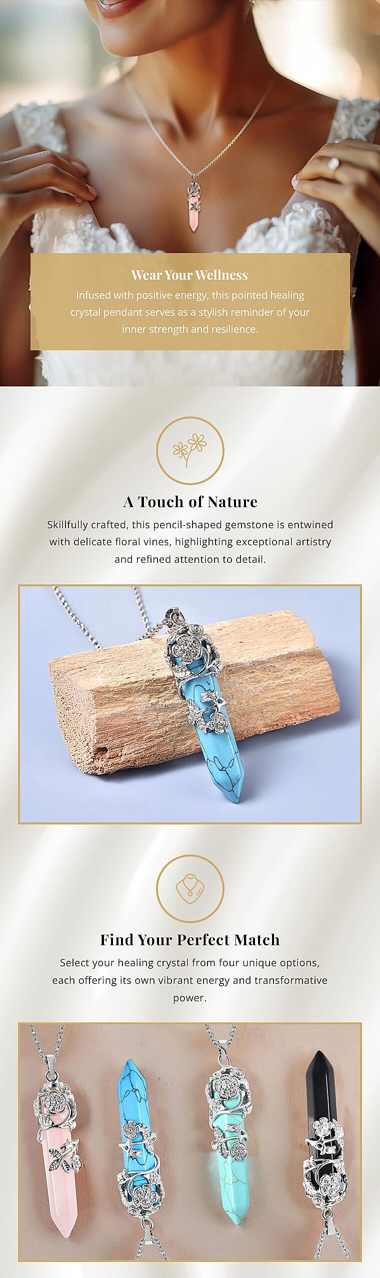 Pointer Healing Crystal Pendant Necklace in Stainless Steel Banner