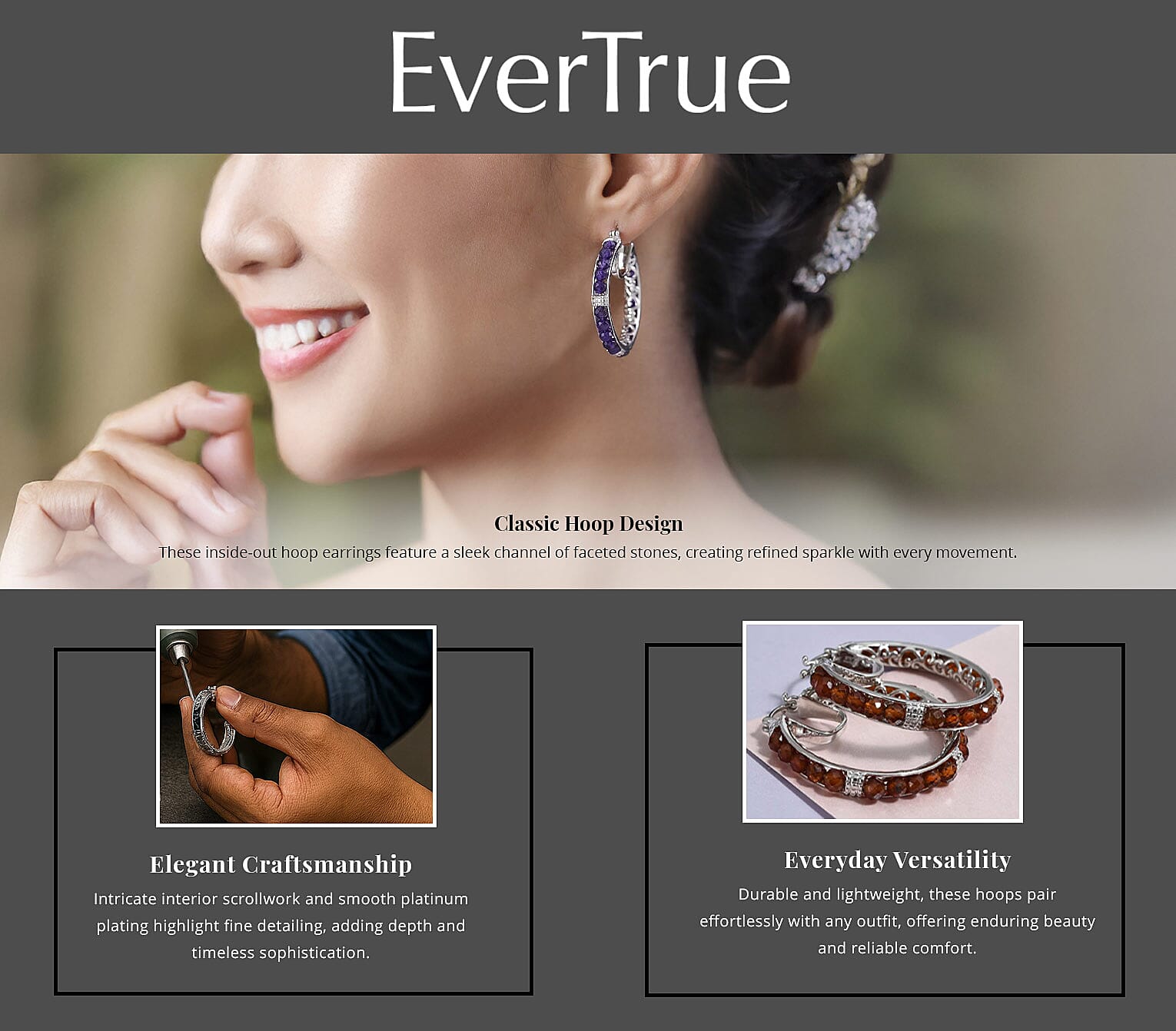 EverTrue Thai Black Spinel 11.50 ctw Inside Out Hoop Earrings in Platinum Bond Banner