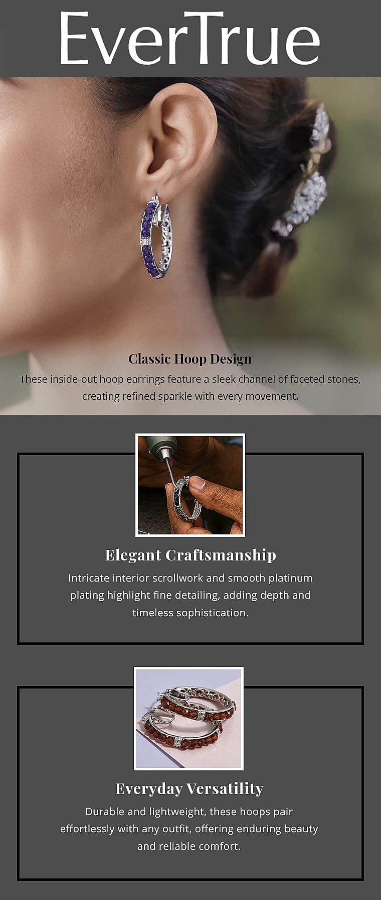 EverTrue Thai Black Spinel 11.50 ctw Inside Out Hoop Earrings in Platinum Bond Banner