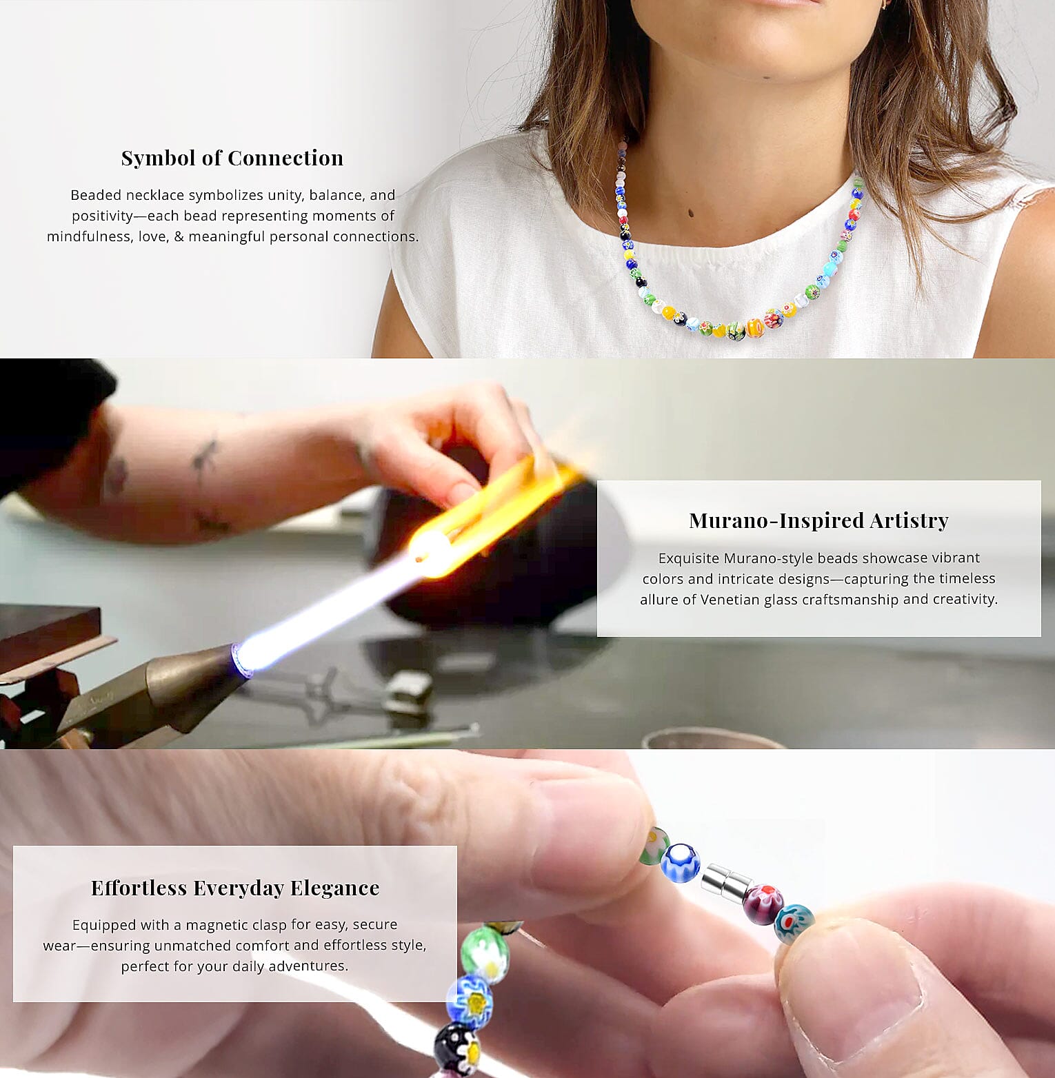 Multi Color Murano Style Beaded Necklace 24 Inches in Stainless Steel Banner