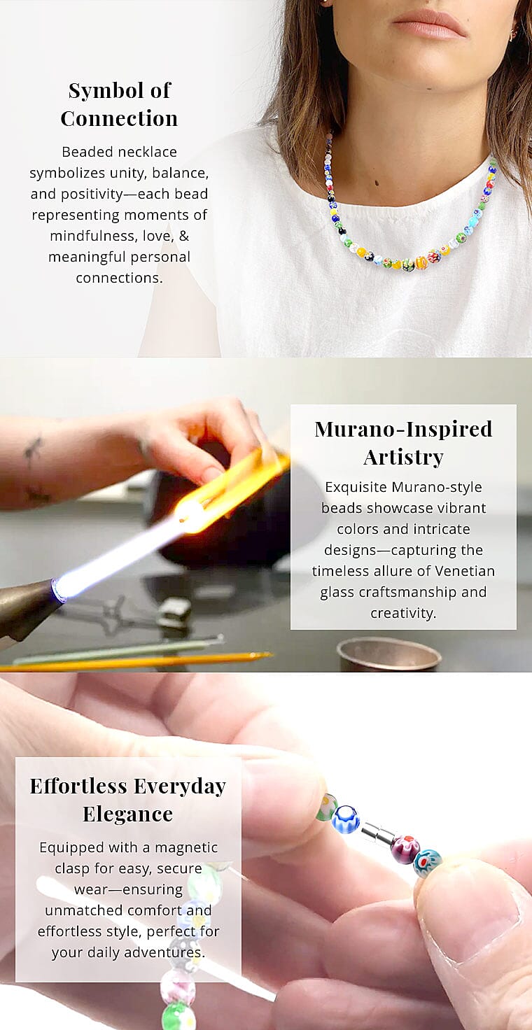 Multi Color Murano Style Beaded Necklace 24 Inches in Stainless Steel Banner