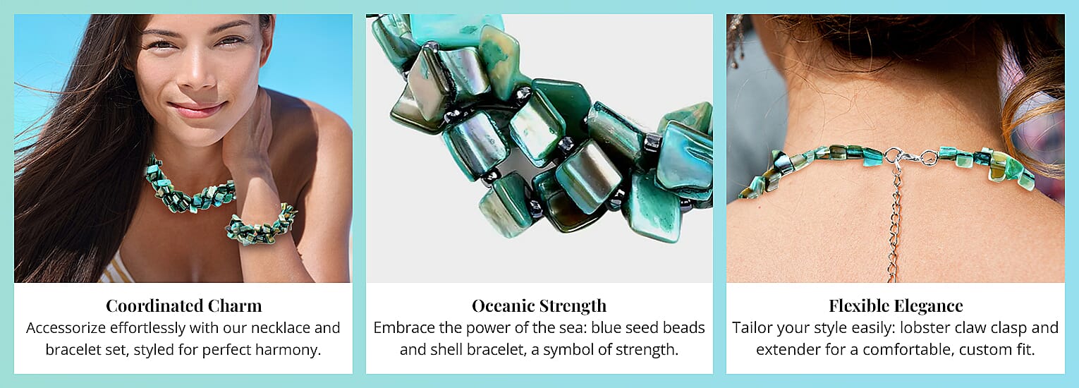 Blue Seed Beaded and Shell Bracelet and Necklace in Silvertone Banner