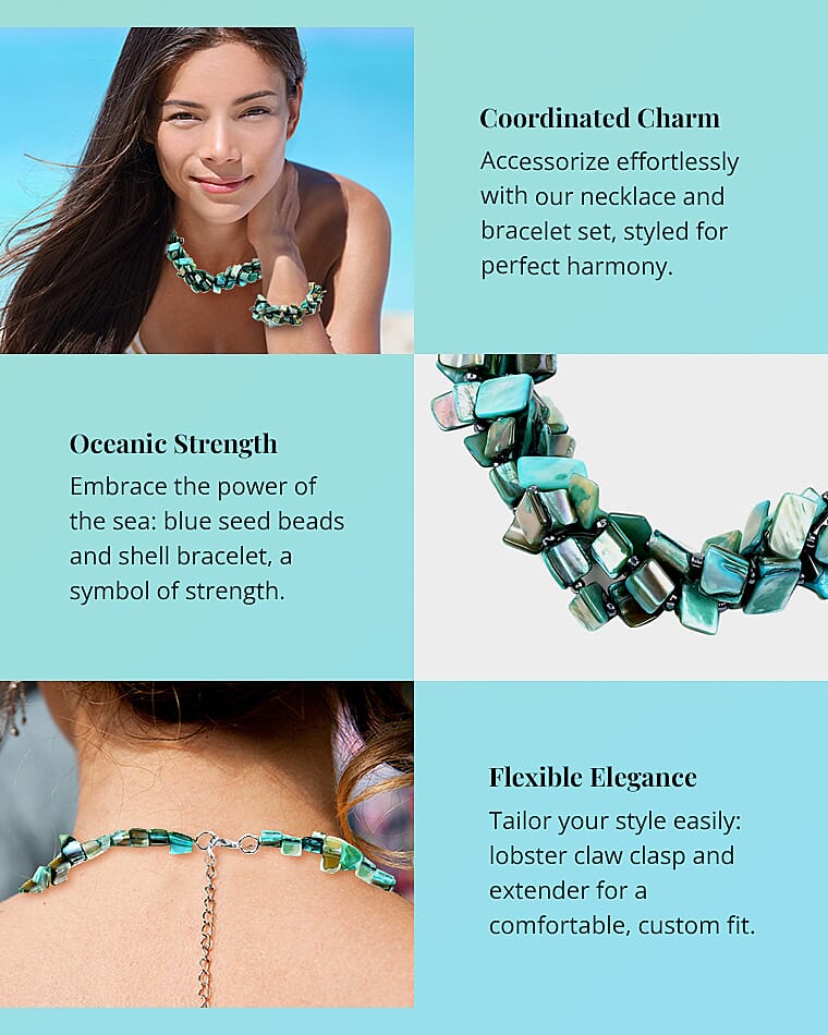 Blue Seed Beaded and Shell Bracelet and Necklace in Silvertone Banner