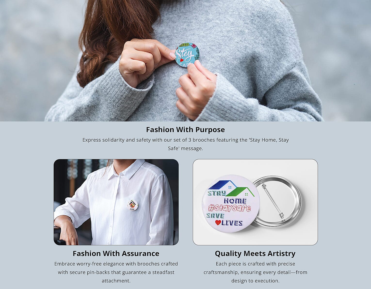 Set of 3 Silvertone Brooch with A Stay Home Stay Safe Message Banner