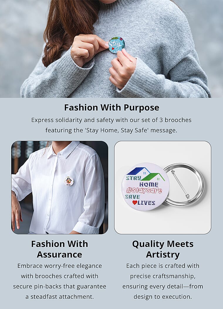 Set of 3 Silvertone Brooch with A Stay Home Stay Safe Message Banner