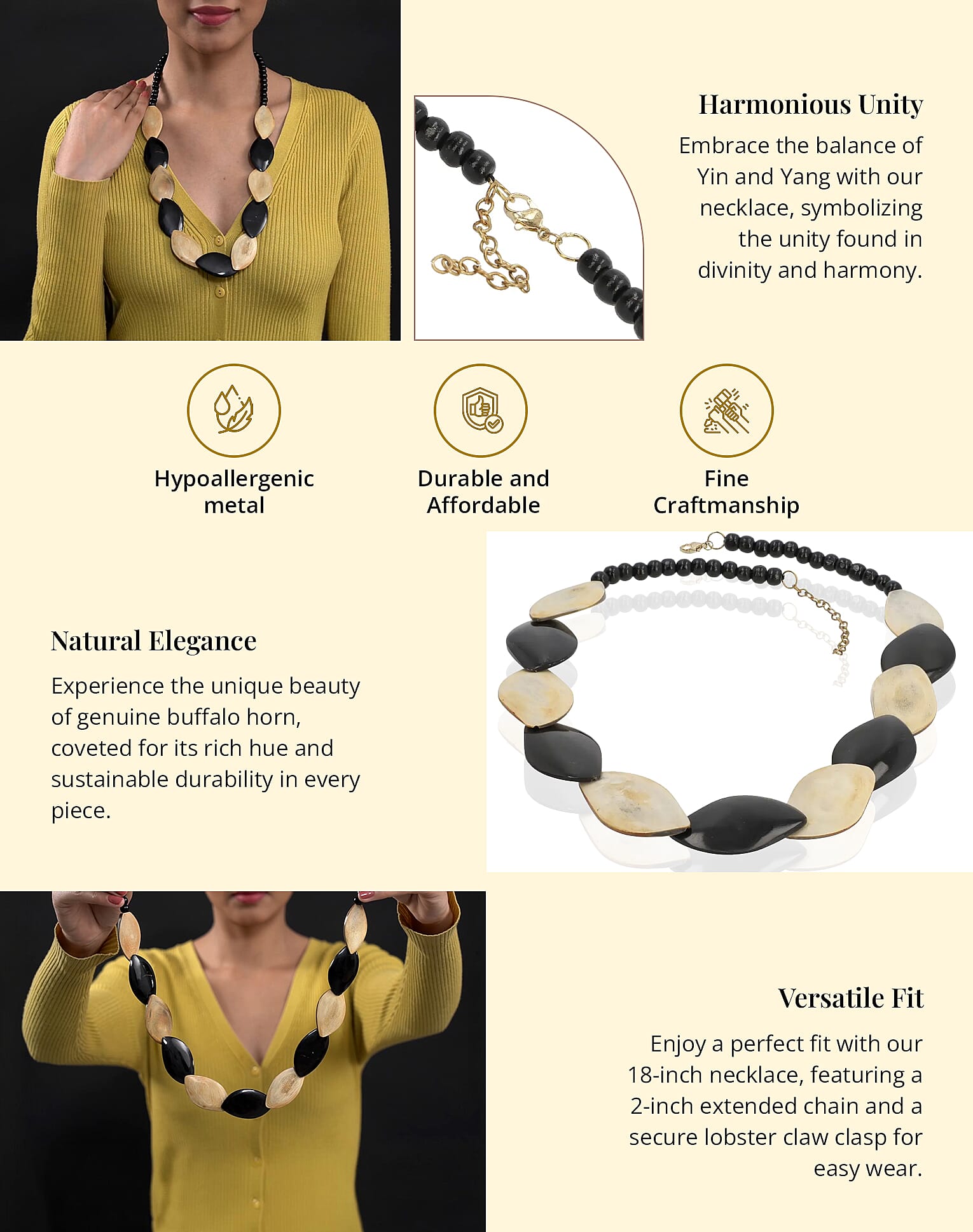 Beige & Black Genuine Buffalo Horn Necklace in Goldtone Banner