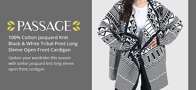 PASSAGE 100% Cotton Jacquard Knit Black & White Tribal Print Long Sleeve Open Front Cardigan Banner