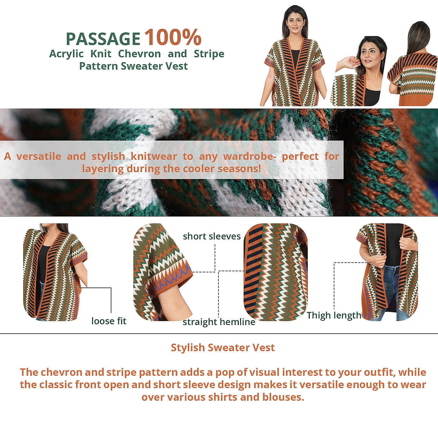 PASSAGE Acrylic Knit Chevron and Stripe Pattern Sweater Vest Banner