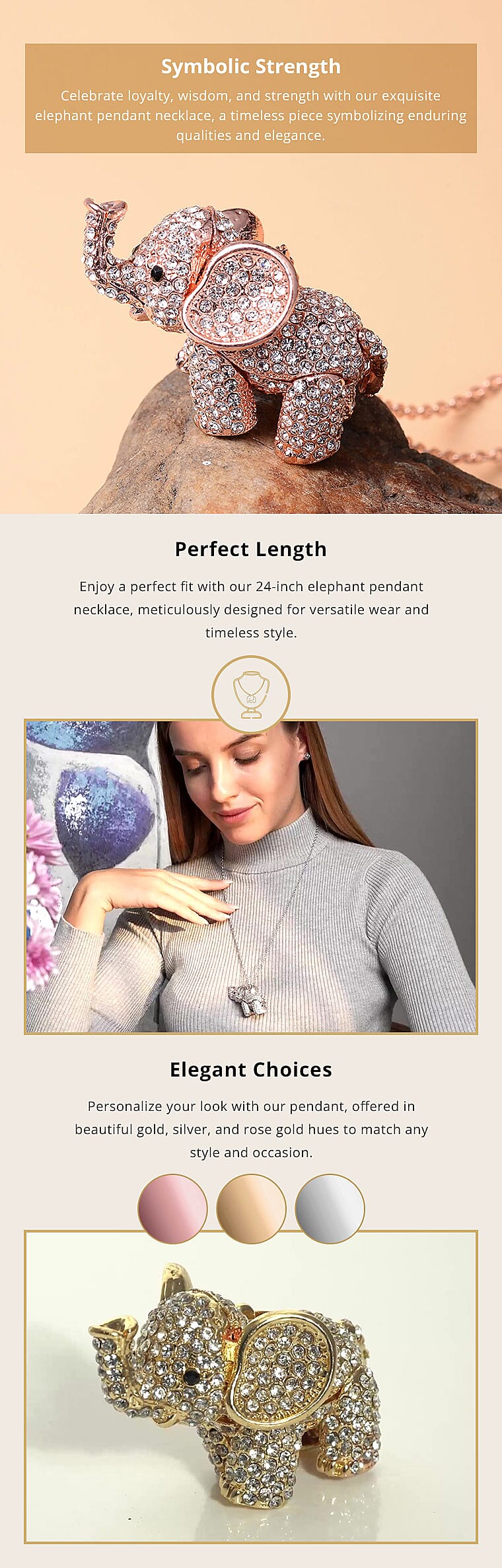 White and Black Austrian Crystal Elephant Pendant Necklace 24 Inches in Silvertone Banner