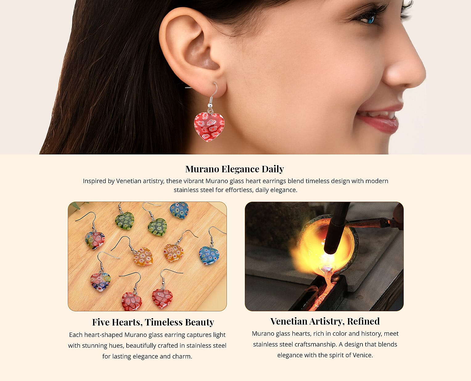 Set of 5 Multi Colored Murano Style Heart Earrings Banner
