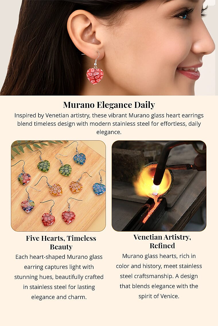 Set of 5 Multi Colored Murano Style Heart Earrings Banner