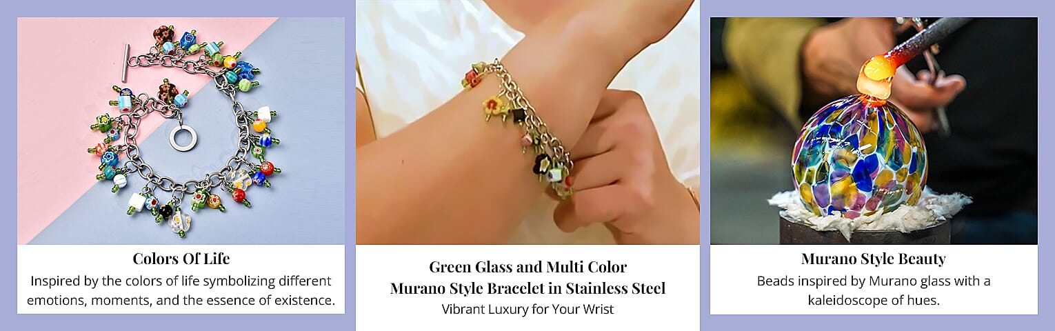 Green Glass and Multi Color Murano Style Bracelet in Stainless Steel Banner