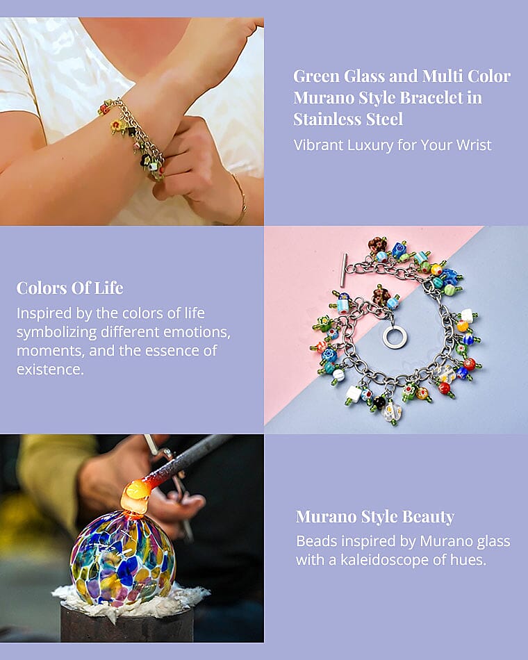 Green Glass and Multi Color Murano Style Bracelet in Stainless Steel Banner