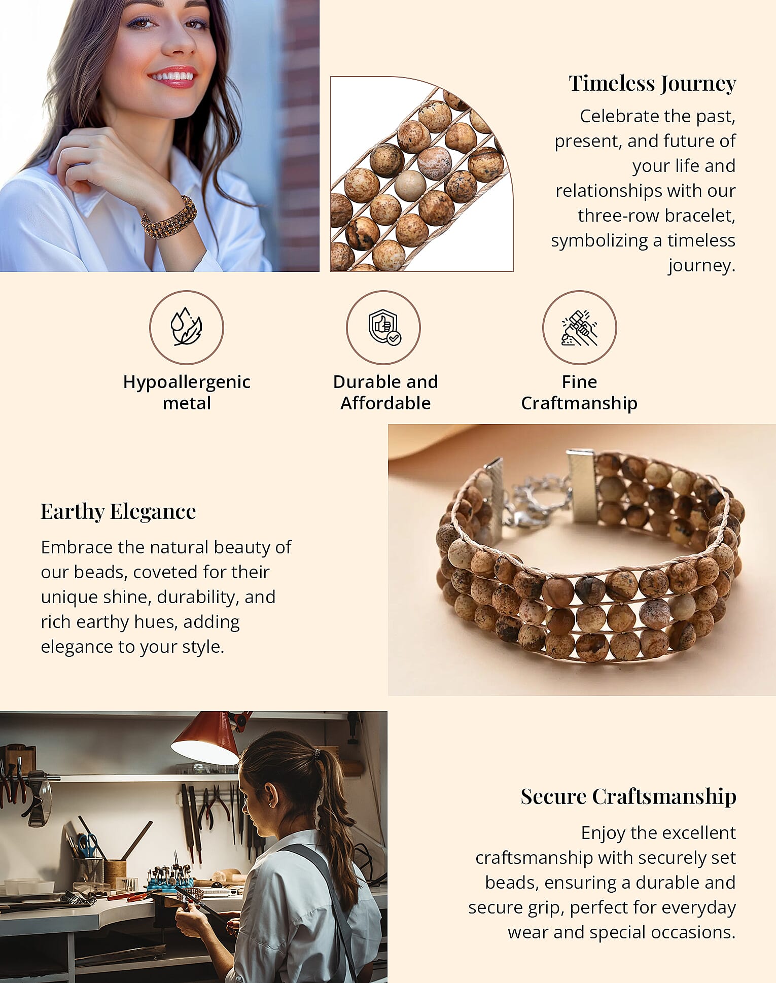 Beaded Three Row Bracelet in Silvertone Banner