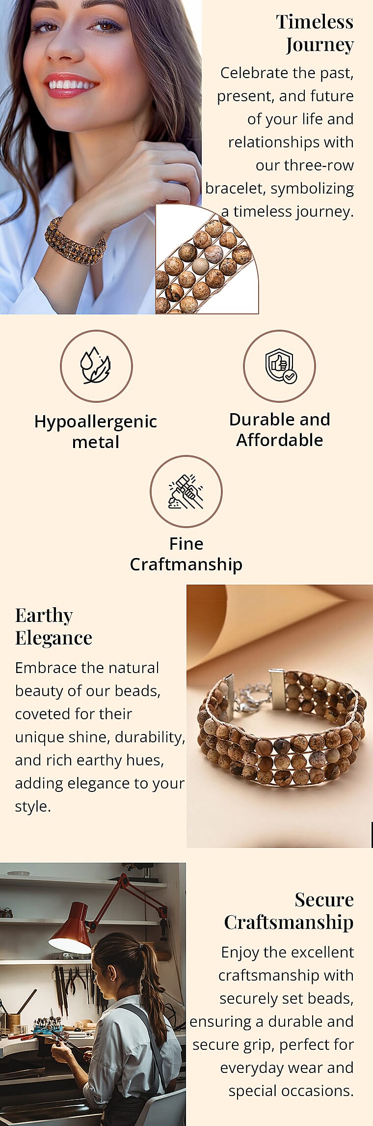 Beaded Three Row Bracelet in SilvertoneBanner