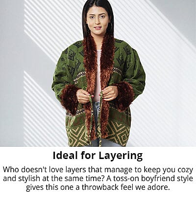 Jacquard Cardigan with Faux Fur Trim