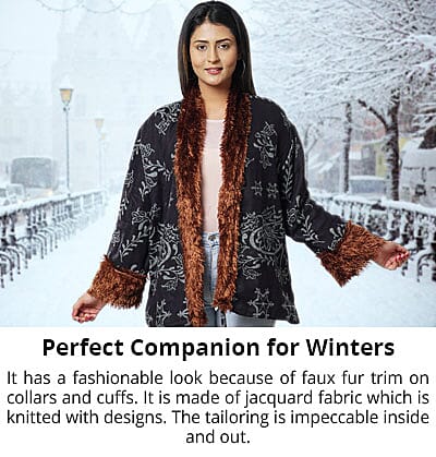 Jacquard Cardigan with Faux Fur Trim