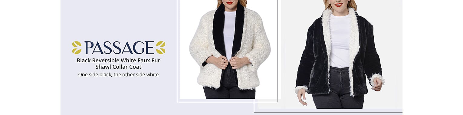 PASSAGE Black Reversible White Faux Fur Shawl Collar Coat Banner