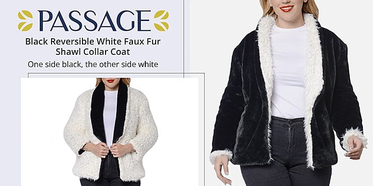 PASSAGE Black Reversible White Faux Fur Shawl Collar Coat Banner
