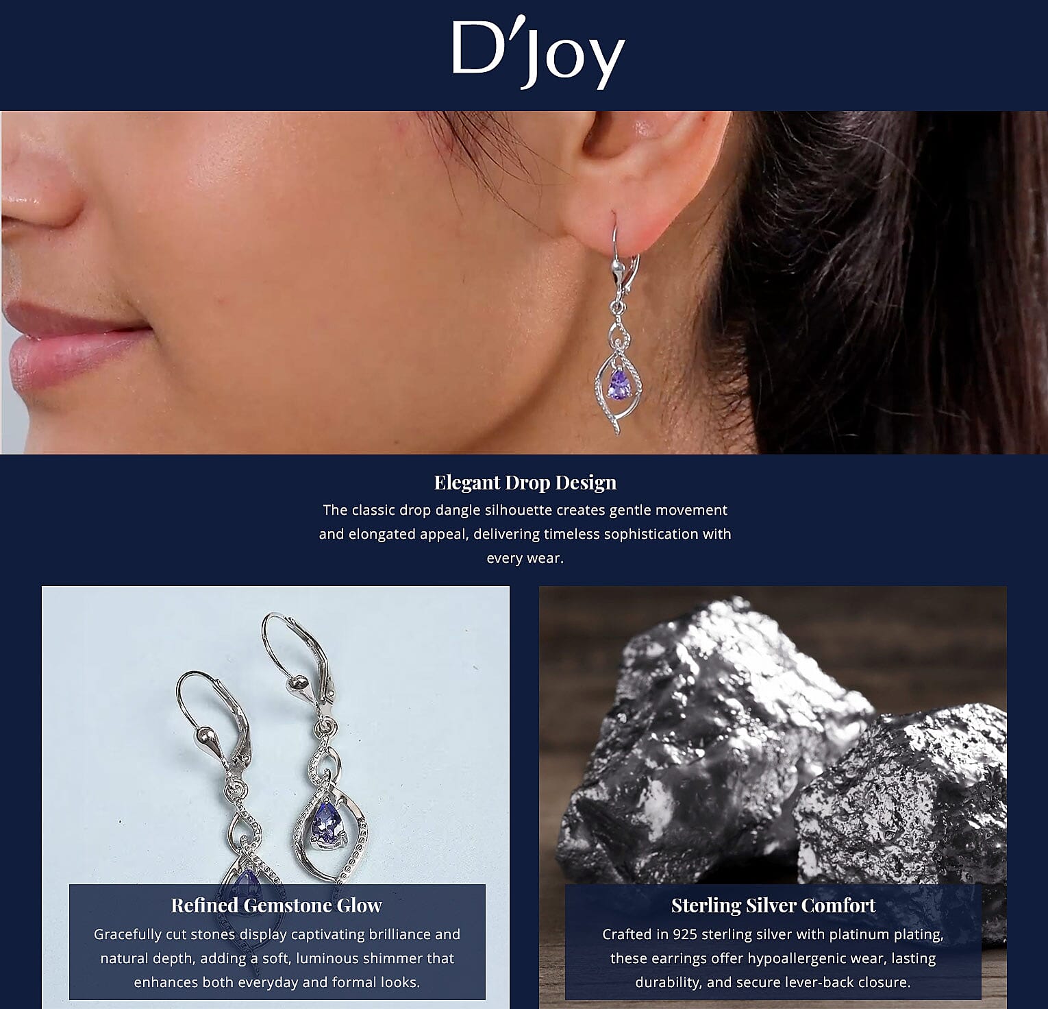 D'Joy Tanzanite Drop Dangle Earrings in Platinum Plated Sterling Silver, Tanzanite Earrings For Women, Wedding Gifts For Women 0.65 ctw Banner
