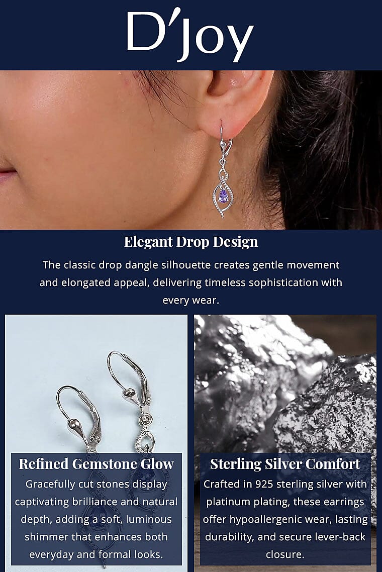 D'Joy Tanzanite Drop Dangle Earrings in Platinum Plated Sterling Silver, Tanzanite Earrings For Women, Wedding Gifts For Women 0.65 ctw Banner