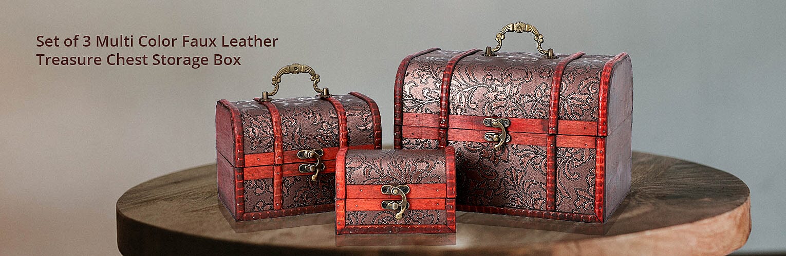 Set of 3 Multi Color Faux Leather Treasure Chest Storage Box Banner