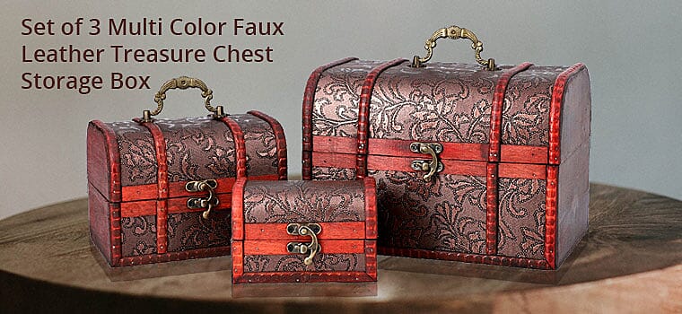 Set of 3 Multi Color Faux Leather Treasure Chest Storage Box Banner