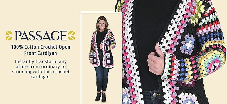PASSAGE 100% Cotton Crochet Open Front Cardigan Banner