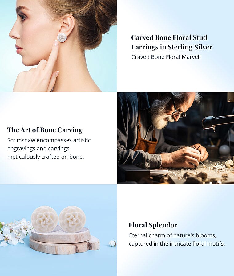 Carved Bone Floral Stud Earrings in Sterling SilverBanner