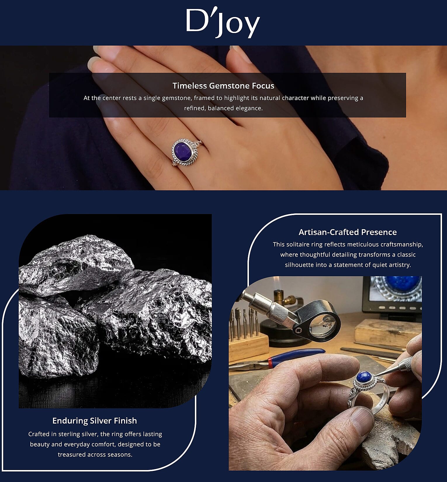 D'Joy Artisan Crafted Lapis Lazuli 3.00 ctw Solitaire Ring in Sterling Silver Banner