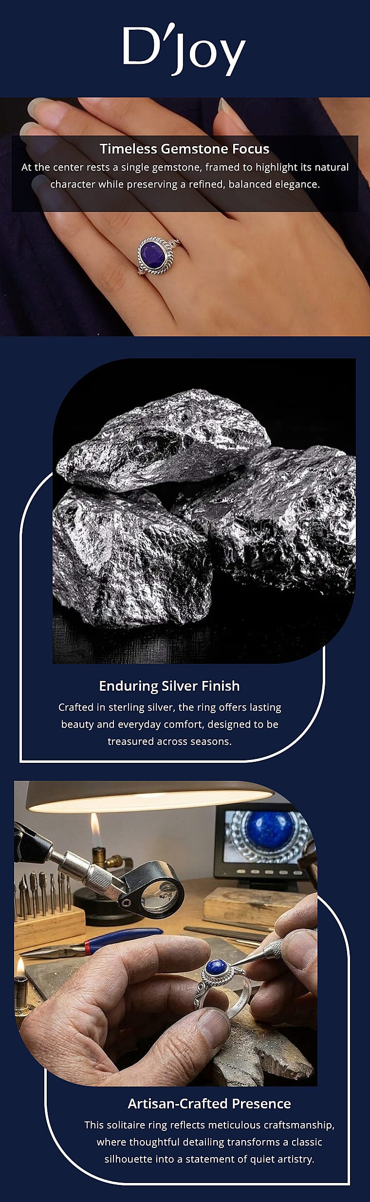 D'Joy Artisan Crafted Lapis Lazuli 3.00 ctw Solitaire Ring in Sterling Silver Banner
