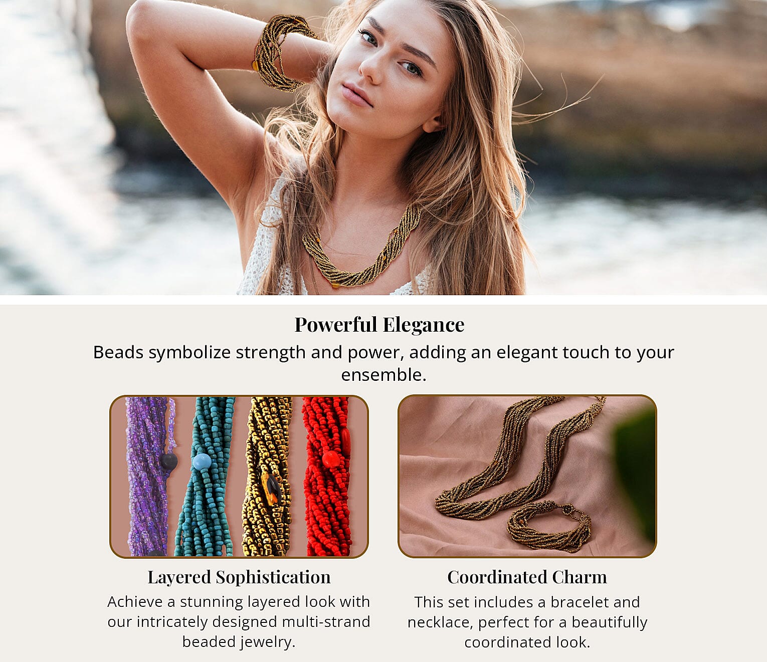 Blue Glass Seed Beaded Multi Strand Necklace and Stretch Bracelet Banner