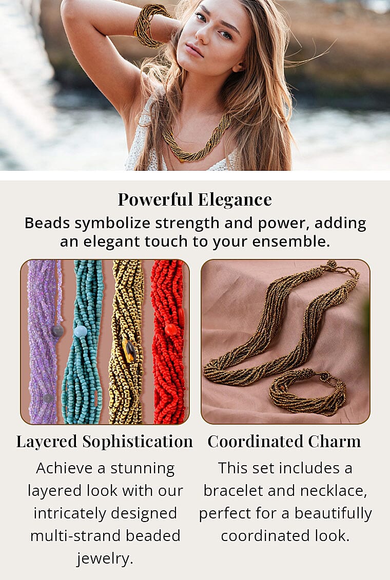 Blue Glass Seed Beaded Multi Strand Necklace and Stretch BraceletBanner