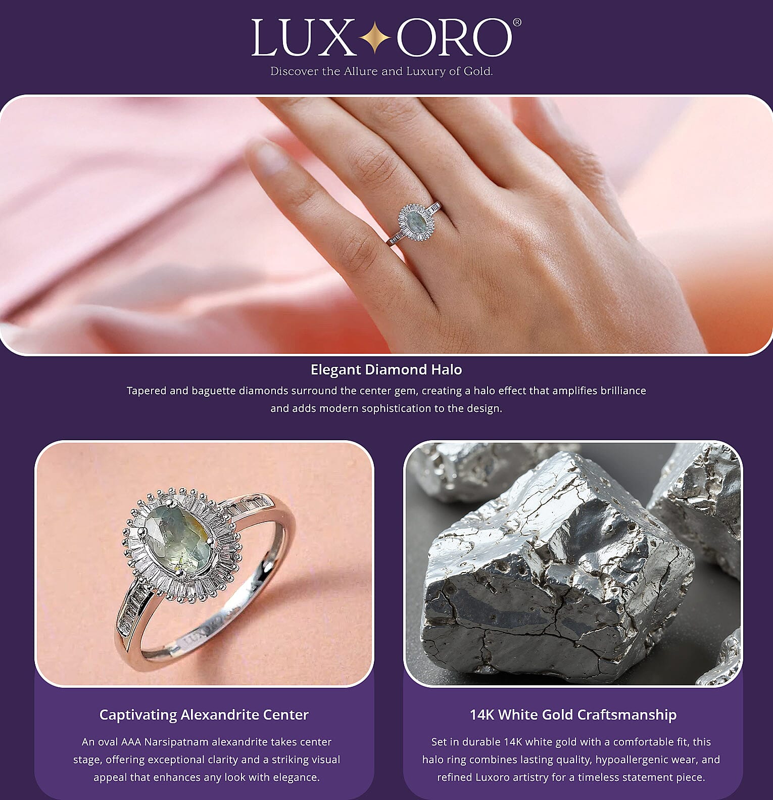 Luxoro AAA Narsipatnam Alexandrite and Diamond 1.25 ctw Halo Ring in 14K White Gold Banner
