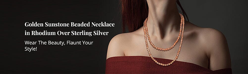 Golden Sunstone Beaded Necklace 36 Inches in Rhodium Over Sterling Silver Banner