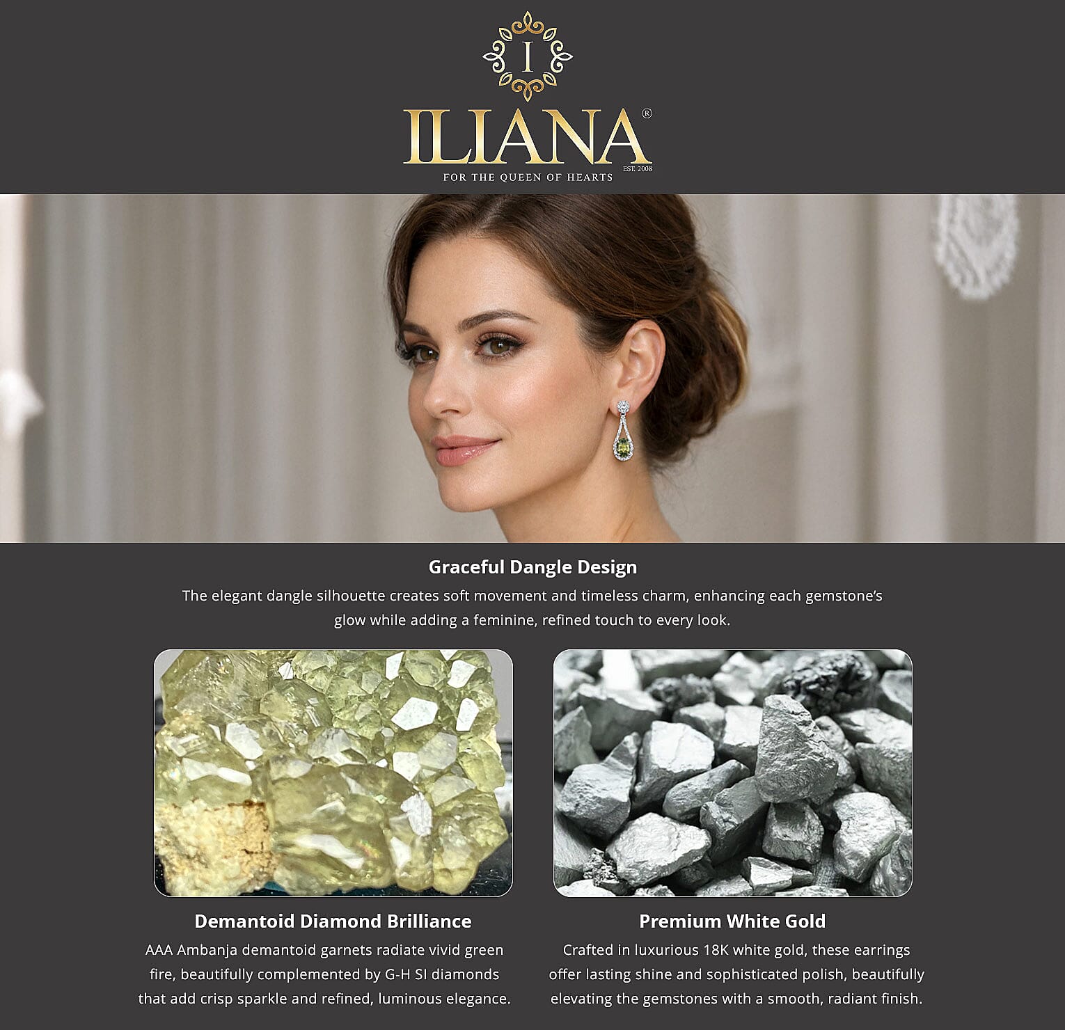 Iliana 18K White Gold AAA Ambanja Demantoid Garnet and G-H SI Diamond Dangle Earrings 2.35 ctw Banner