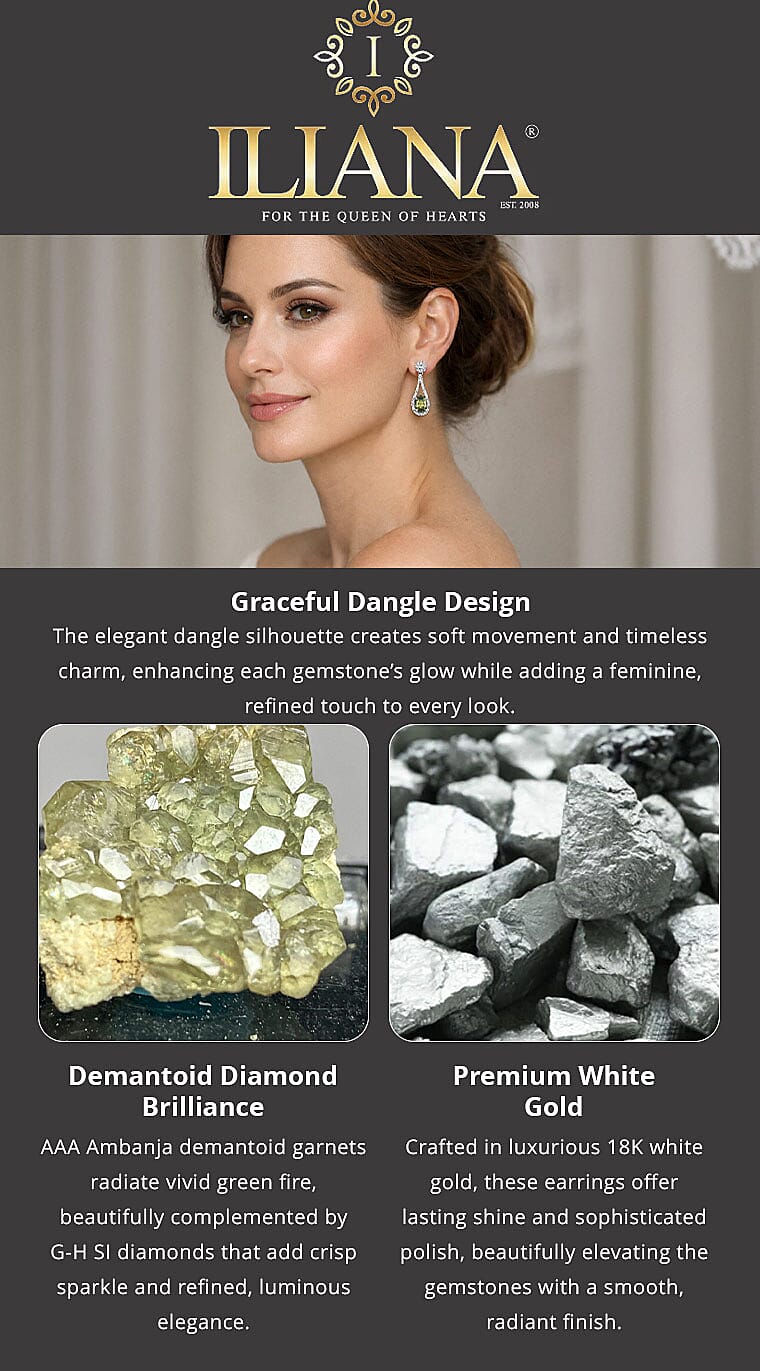 Iliana 18K White Gold AAA Ambanja Demantoid Garnet and G-H SI Diamond Dangle Earrings 2.35 ctw Banner