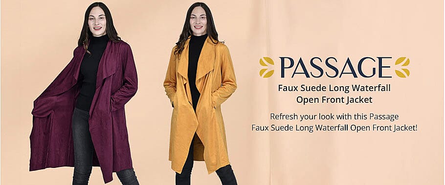 PASSAGE Faux Suede Long Waterfall Open Front Jacket Banner