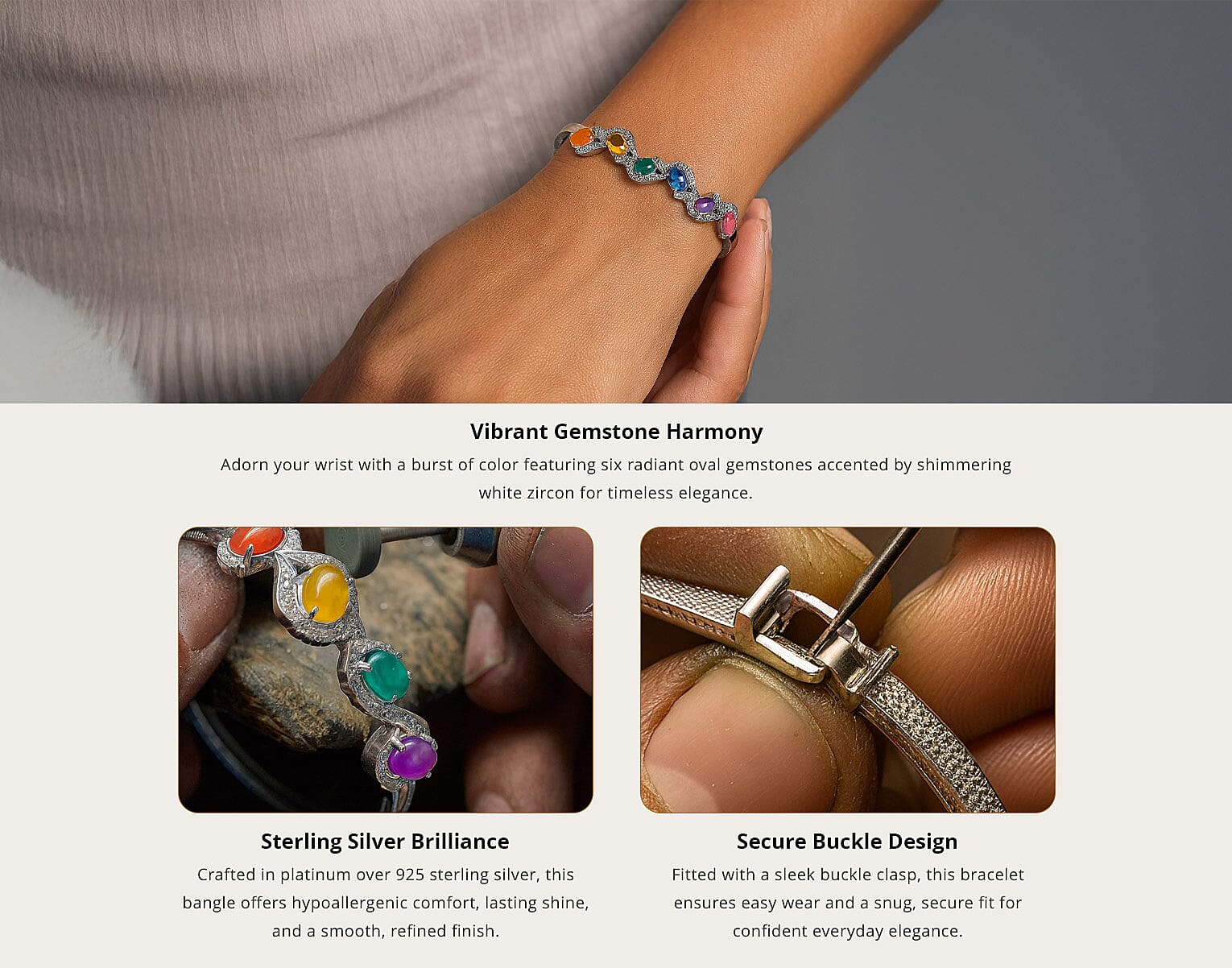 Multi Gemstone Bangle Bracelet in Platinum Over Sterling Silver (7.25 In) 5.90 ctw Banner