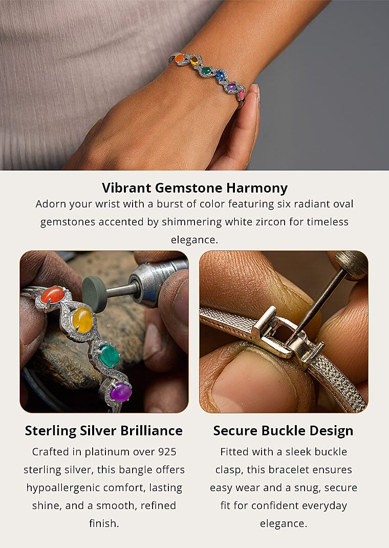 Multi Gemstone Bangle Bracelet in Platinum Over Sterling Silver (7.25 In) 5.90 ctw Banner