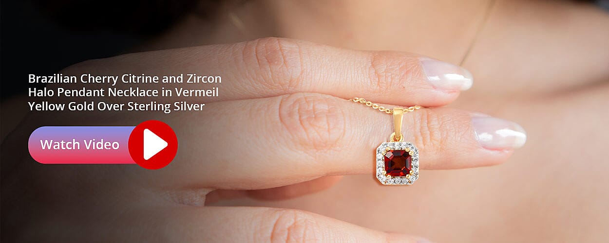 Brazilian Cherry Citrine and Zircon Halo Pendant Necklace Banner