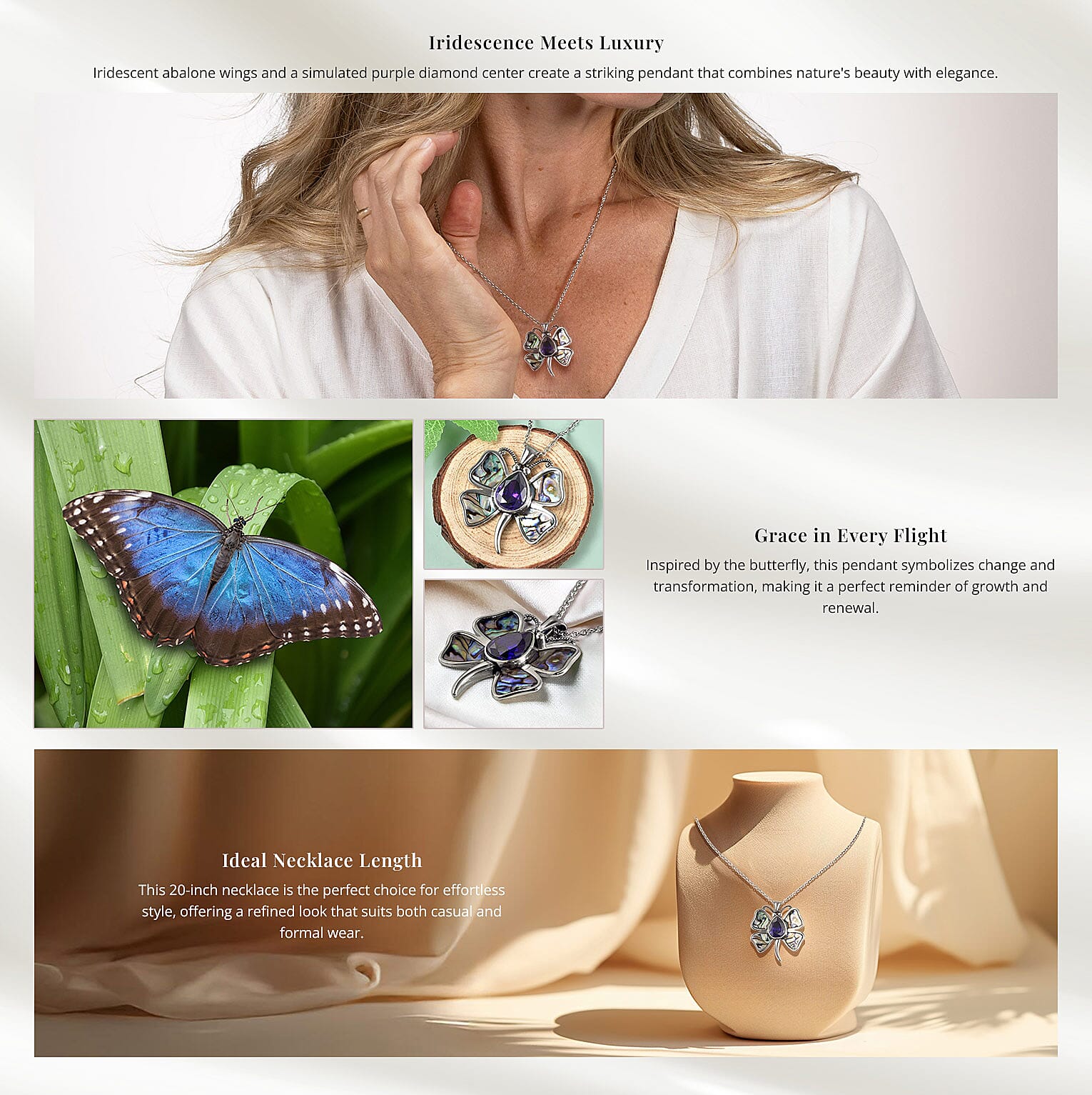 Simulated Purple Diamond and Abalone Shell Butterfly Pendant Necklace in Stainless Steel Banner