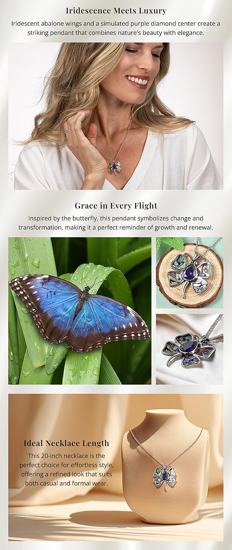 Simulated Purple Diamond and Abalone Shell Butterfly Pendant Necklace in Stainless Steel Banner