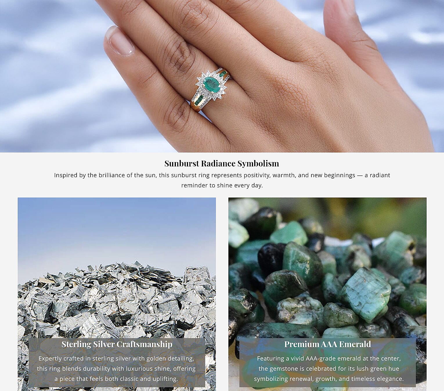 AAA Kagem Zambian Emerald and White Zircon 1.35 ctw Sunburst Ring in Vermeil Yellow Gold Over Sterling Silver Banner