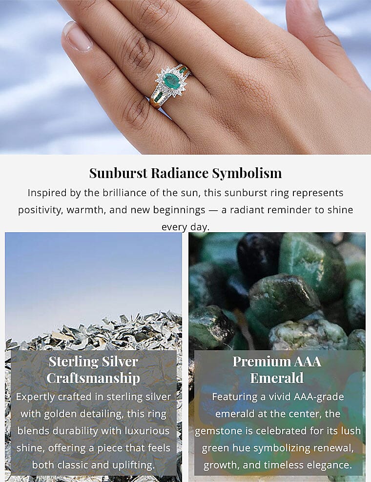 AAA Kagem Zambian Emerald and White Zircon 1.35 ctw Sunburst Ring in Vermeil Yellow Gold Over Sterling Silver Banner