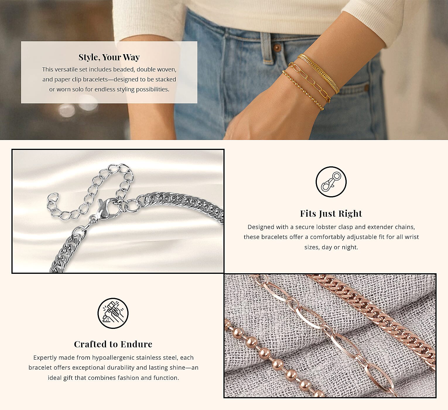 Set of 3 Beaded, Double Woven Four Sided & Paper Clip Bracelet Banner